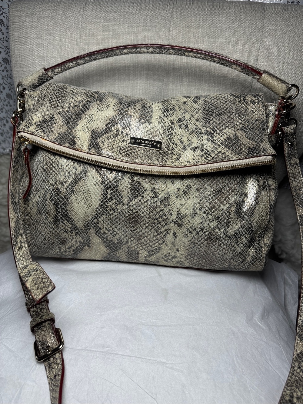 kate spade Snake-Print Shoulder and cross body Bag in Cream & Gray with Red Trim